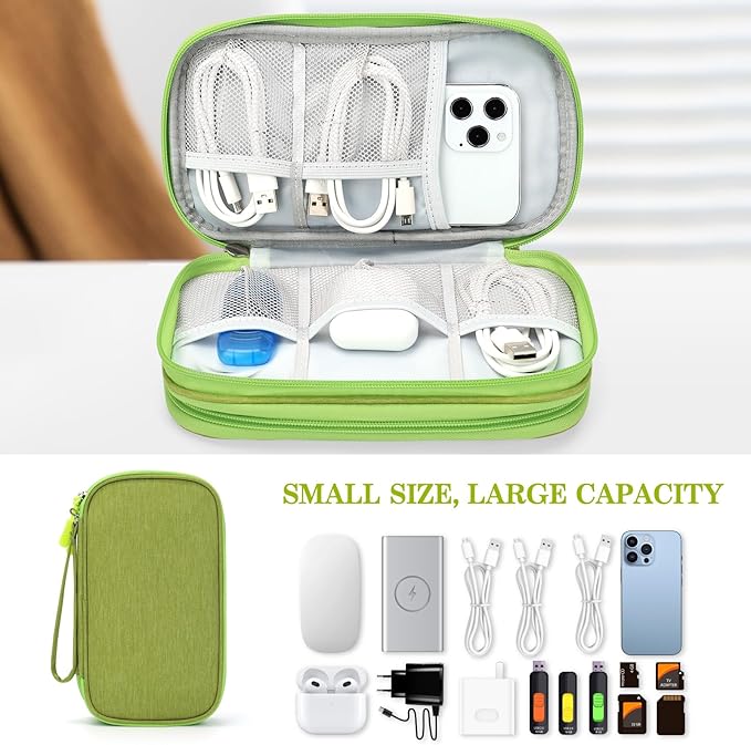 FYY Electronic Organizer, Travel Cable Organizer Bag Pouch Electronic Accessories Carry Case Portable Waterproof Double Layers Storage Bag for Cable, Cord, Charger, Phone, Earphone, Medium Size Green