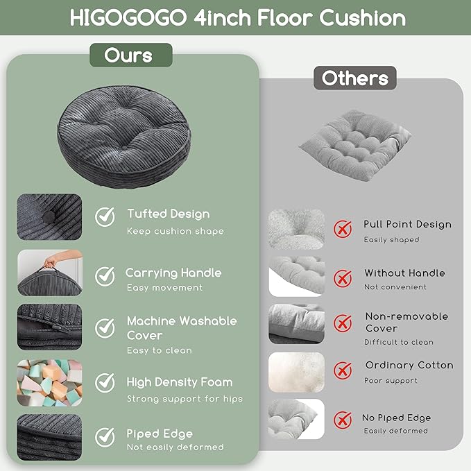 Washable Floor Pillow Cushion for Adults, Meditation Cushion Pillow, Large Round Floor Sitting, Removable Tufted Corduroy Cover, for Tatami Living Room or Yoga, 22x22 Inch, 2Pack, Machine Washable