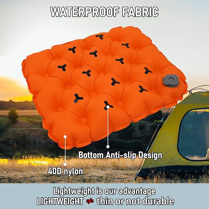 BreezCamp Inflatable Seat Cushion, Lightweight Stadium Seat Pad, Camping Accessories Chair Pad for Airplane Travel, Hiking, Climbing, Home and Office,Orange
