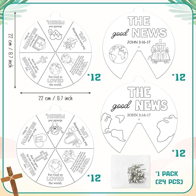 COcnny Religious Christian Craft Activities - 24 Sets John 3:16 Coloring Crafts for Kids, Color Your Own Bible Wheel Cards, DIY Jesus Biblical The Good News Art Paper Game for Sunday School Class Home