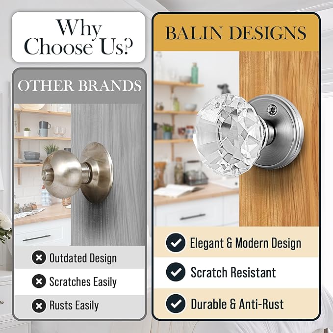 Silver Crystal Door Knob, Glass Door Knobs Interior Non-Locking Set, Antique Decorative Vintage Style for Hallway, Closet, Passage Doors, 1 Pack