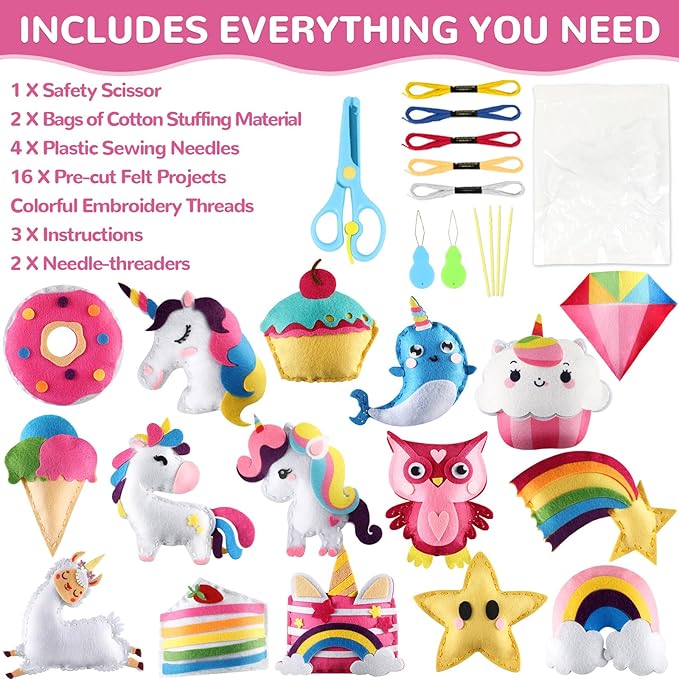 16 Sets Unicorn DIY Stuffed Craft Kit Valentine's Day Sewing Kit Animals Stars DIY Sewing Set for Beginners Cake Educational Gift Set for Boys and Girls Unicorn Felt Ornaments Decorations for kids