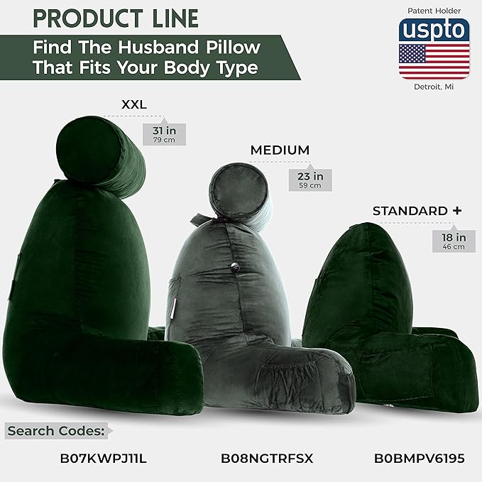 Husband Pillow XXL Aspen Edition, Adult Reading Sit Up Bed Rest Pillow for Bed with Arms & Neck Roll on Bungee Cord - Premium Memory Foam, Reversible 2 Sided Cover Micro Suede or Plush, Ramona Green