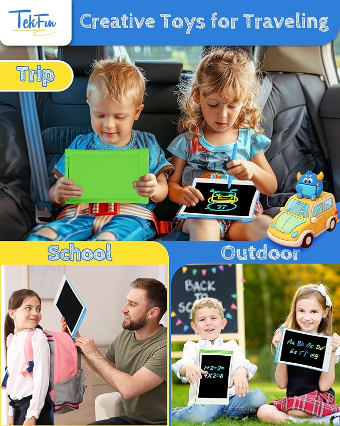 TEKFUN Toys for Kids, 10in 2 Pcs LCD Writing Tablet, Erasable Doodle Board Reusable Drawing Pad for Boys with Anti-Lost Stylus, Car Trip Blue Toys Christmas Birthday Gift for Ages 3 4 5 6 7