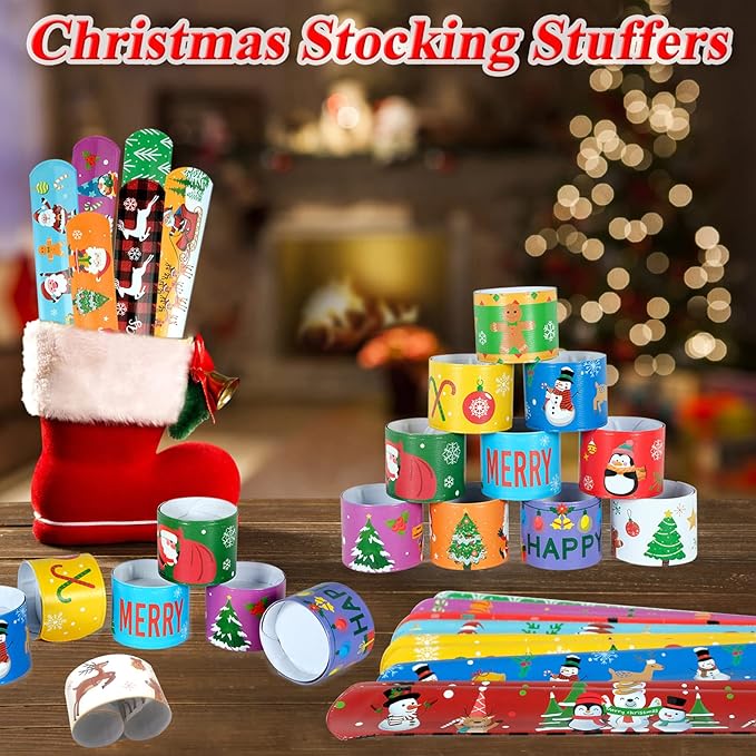 Christmas Slap Bracelets 48Pcs Christmas Party Favors for Kids Christmas Stocking Christmas Bracelets Christmas Party Supplies Christmas Gifts for Class Kids Goodie Bag Fillers Toys for Kids