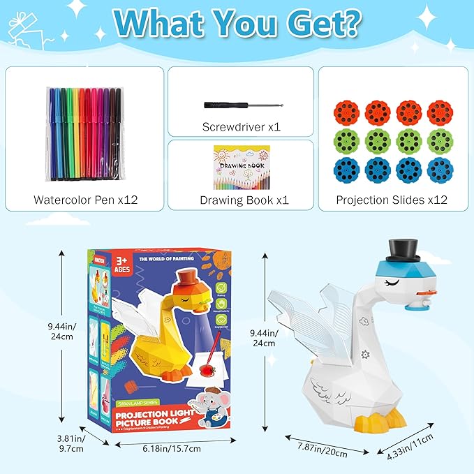 MFEESYOB Swan Drawing Projector for Kids, Tracing and Drawing Projector for Kids with Cute Swan Look, Smart Art Sketcher Projector with 96 Stencils, Toddler Toys for Girls Boys 3+, White
