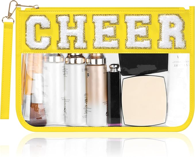 BuyCard Cheer Chenille Letter Bags Clear Makeup Bag, Cheerleader Gifts Cosmetic Bag, Varsity Preppy Patch Flat Pouch Cheer Accessories, Waterproof PVC Organizer Toiletry Bag for Women Girls Yellow
