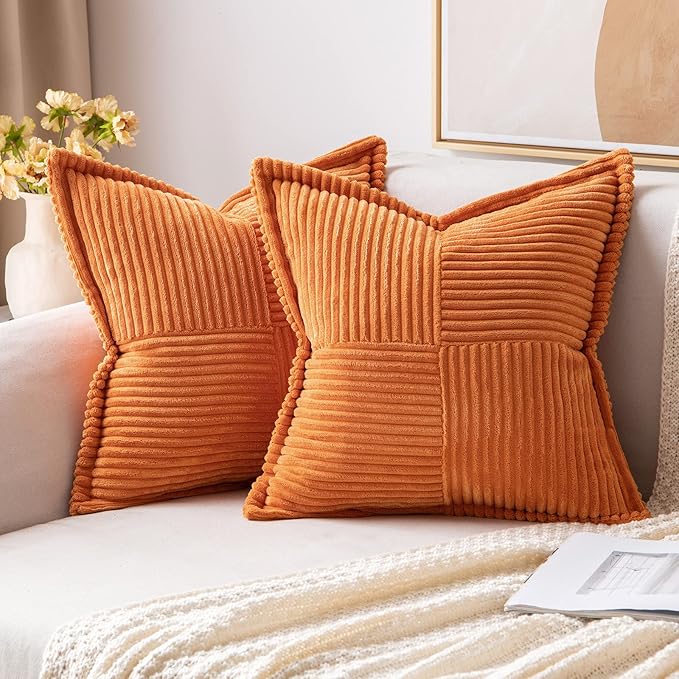 MIULEE Orange Decorative Throw Pillow Covers for Couch Bed Livingroom 16x16 Inch Set of 2 Boho Accent Throw Pllows Broadside Striped Patchwork Soft Corduroy Pillowcases