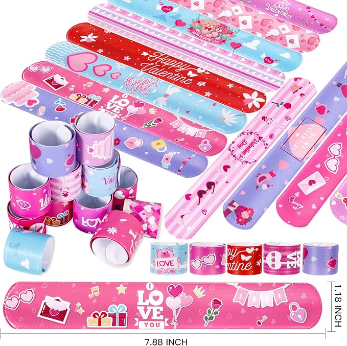 72 Pcs Valentines Day Slap Bracelets Wristbands Toys for Valentines Day Party Supplies Gifts for Kids Students Teens Adults Birthday Giveaways and Game Prizes School Supplies