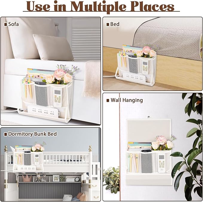 Bedside Caddy Bedside Storage Organizer Bedside Organizer with Power Strip Holder and 2 Adjustable Straps for Home Bunk Bed College Dorm Sofa (White)