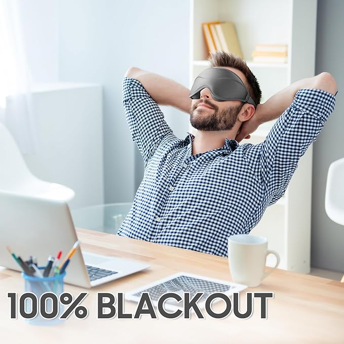 MOEASEii Sleep Mask - Total Blackout 3D Sleeping Mask, Super Lightweight & Silky Soft Eye Mask for Sleeping, Fully Adjustable Fit for Home, Office, Traveling, Meditation, Yoga, Gray