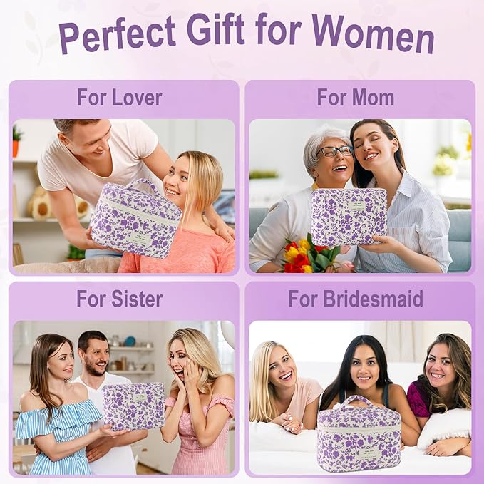 URSKYTOUS 3Pcs Cotton Quilted Makeup Bag for Women Girls Large Small Travel Portable Cosmetic Bag Set Cute Purple Floral Zipper Make Up Pouch Coquette Aesthetic Storage Toiletry Organizer Case