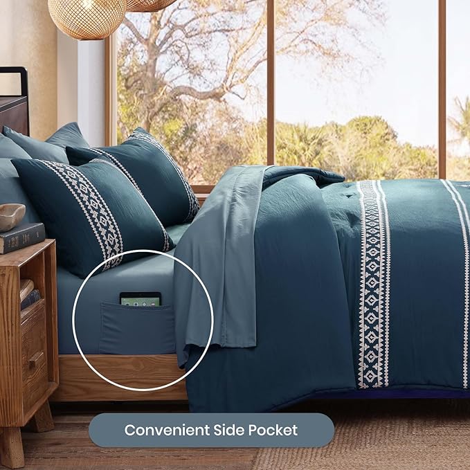 MaiRêve Embroidery Full Size Comforter Set Navy Blue, Farmhouse Western Boho Bedding Set 7 Pieces, All Season Bed in A Bag Comforter Set with Sheets, Pillowcases & Shams