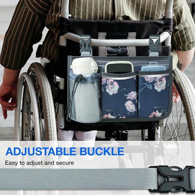 Wheelchair Bag, Walker Bag, Wheelchair Side Bag, Armrest Organizer Pouch with Cup Holder Attachment and Reflective Strip, Accessories for Most Wheelchairs, Walker, Rollators, Rosa