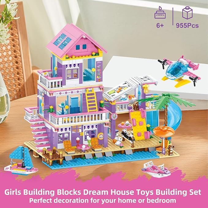 955 Piece Beach House Building Set,Seaside Beach Villa Building Toys Friends Vacation Hut Blocks Set,STEM BuildingToys with Helicopter,Yacht,Sailboat,Christmas Birthday Gift for Girl Age 6-12+