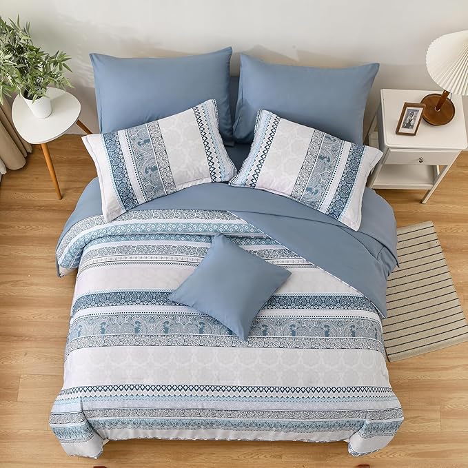 Cottolester Boho Comforter Set Full Size Light Blue Comforter Set 8 Piece Bed in a Bag Striped Paisley Bedding Sets