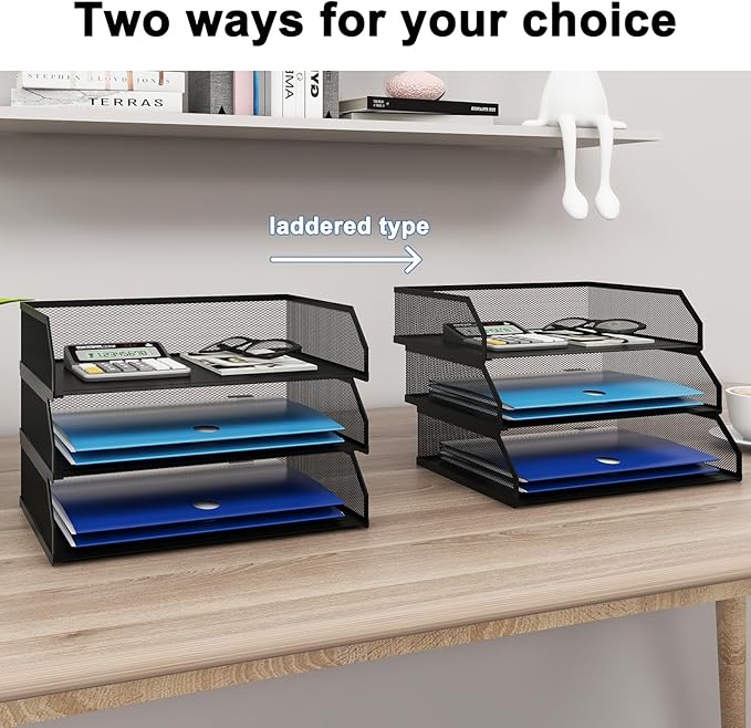 Natwind 3-Tier Stackable Paper Tray, Metal Mesh Desktop Organizer, A4 Paper Sorter, Letter Trays,File Folder Sorter Organizer with Sliding Tray for Home, Office, School (Black)