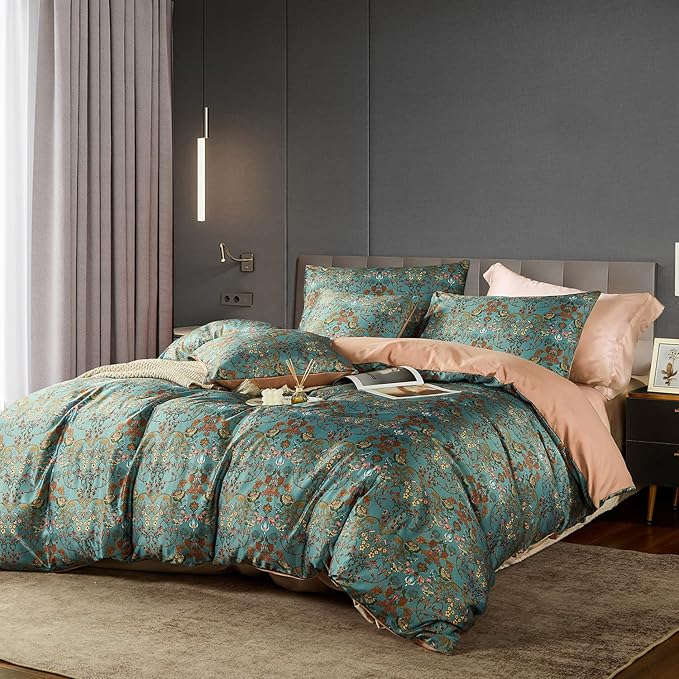 Vintage Style Duvet Cover Set,5 PCS Boho Comforter Cover Set,Paisley Floral Bedding Set,Green Floral Duvet Cover,Queen Duvet Cover,Soft Reversible Design(Autumn,Queen)