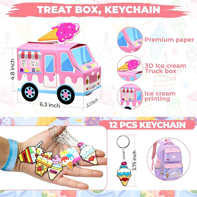 Ice Cream Party Favor 72 PCS Slap Treat Box Bracelets DIY Stickers Icecream Cone Foam Ball Keychain Bubble Gift Rewards for Kids Candyland Birthday Supply