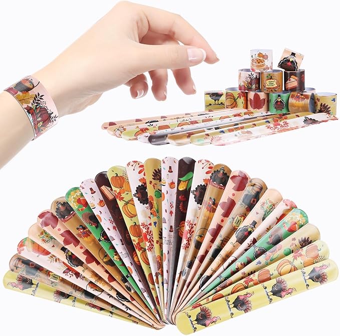48Pcs Fall Thanksgiving Party Favors Slap Bracelets Rubber Wristbands Pumpkin Pattern Toys Bulk for Boys Girls Harvest Class Exchange Gifts Reward Prizes Thanksgiving Party Supplies