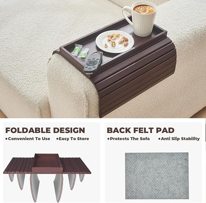 Bamboo Sofa Arm Tray, Anti Falling Couch Arm Tray Table, Foldable Couch Armrest Table, Portable Sofa Armrest Trays Cup Holder for Drink, Cups, Phone, Snacks, Remote