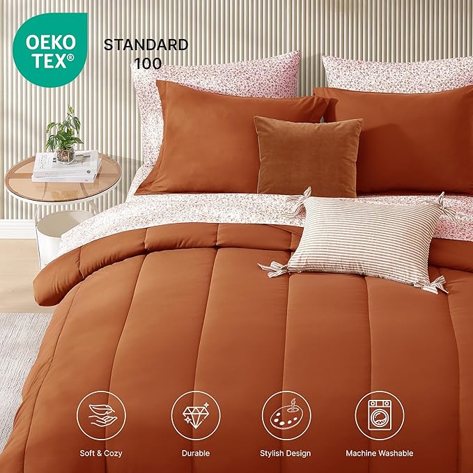 Monbix Queen Comforter Set - 7 Pieces Burnt Orange Bed in a Bag Queen Track Stitching Bedding Sets, All Seasons Comforter Bed Set with Sheets, Pillowcases & Shams