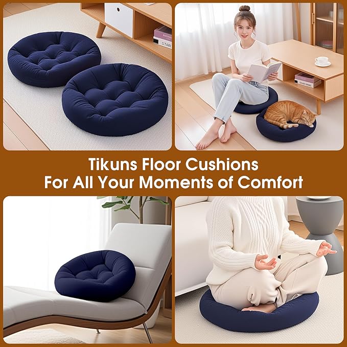 2Pcs Floor Pillows for Adults, 22x22x6 Inch Meditation Cushions, Large Round Sitting Cushion Living Room Memory Foam Pillow for Sitting (2, Navy, 22x22x6 Inch)