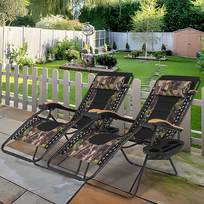 Athena Collection Zero Gravity Outdoor Lounge Chair Set of 2 with Cup Holder, 25" Width Pool Lounge Lawn Chairs Reclining, Outdoor Chaise for Beach Patio Backyard Outside, Jungle