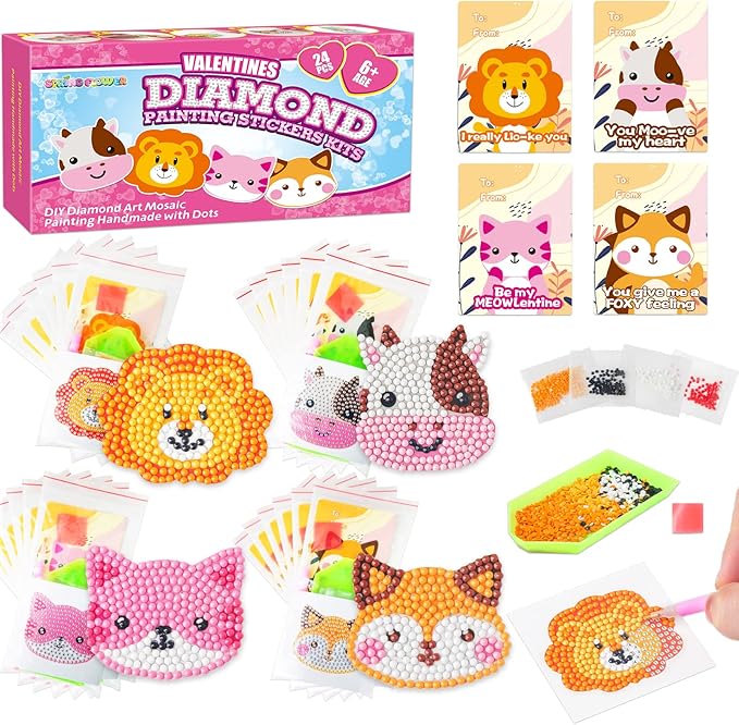 24 Pack Kid's Valentine's Day Cards with 5D Diamond Sticker Kits For Kids, Painting Craft Gift for Girls and Boys School Valentine Exchange Gift, Valentine's Party Favors Supplies & Art Activity