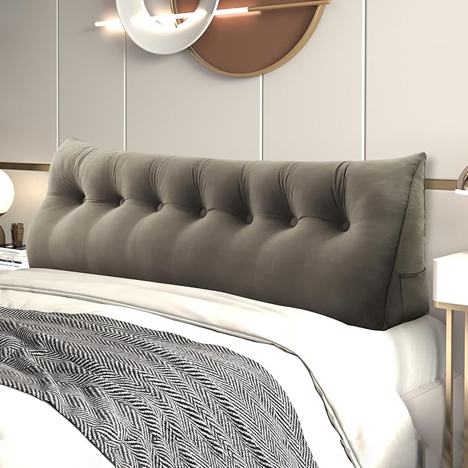 Wedge Headboard Large Bolster Pillow Reading Pillows for Sitting in Bed Adult， Velvet Triangular Cushion Backrest Lumbar Back Support Upholstered Daybed Sit Up Book Pillows（Camel, King）