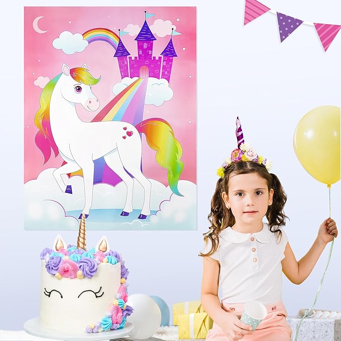 JOYIN Pin The Unicorn Horn Game, 24 Pcs 21'' x 28'' Unicorn Themed Party Games Party Supplies Birthday Party Decorations for Kids Girls