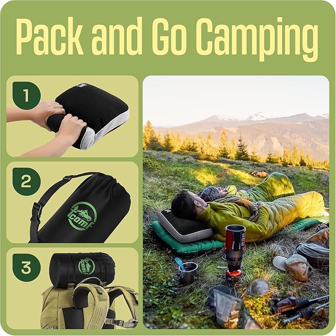 TCOMF Camping Pillow: Dual Cover, Memory Foam Travel Pillow, Medium Firm Camp Pillow, Camping Pillows for Sleeping, 5 Layers for Support, Small Travel Pillow,Small Portable Pillow 10x16 Inches (Black)