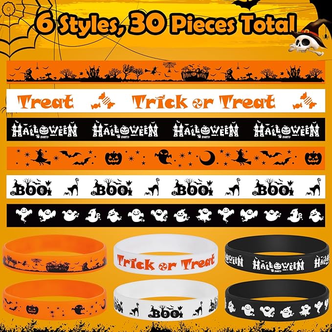 Halloween Rubber Bracelets 30 PCS Bulk Halloween Party Favors Supplies Silicone Wristbands for Halloween Gifts Toys Goodie Bag Fillers Stuff Classroom Prizes for Kids Teens Girls Boys