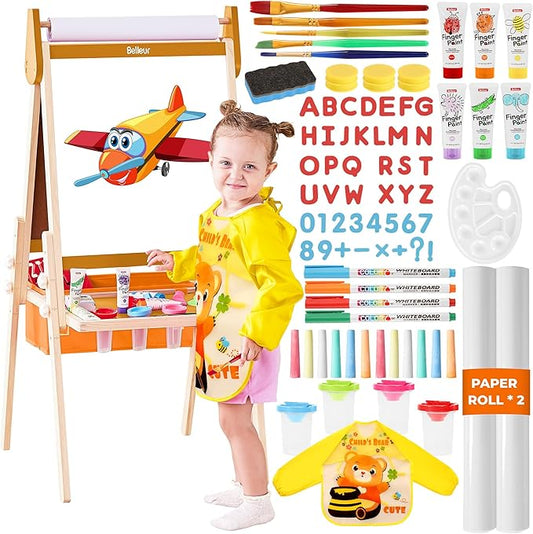 All-in-One Art Easel for Kids with 2 Paper Rolls & Deluxe Accessories, Adjustable Magnetic Double Sided Whiteboard & Chalkboard, Painting Kid Easel for Toddlers 2-8, Ideal Christmas Gift