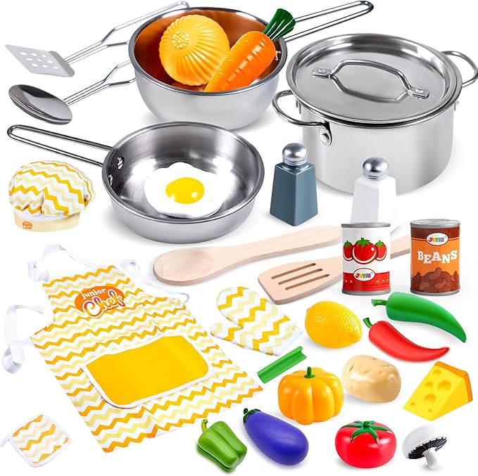 JOYIN Kid Play Kitchen, Pretend Daycare Toy Sets, Kids Cooking Supplies with Stainless Steel Cookware Pots and Pans Set, Cooking Utensils, Apron&Chef Hat and Grocery Play Food Sets, Toddler Gifts