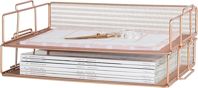 BLU MONACO | Rose Gold Mesh Paper Tray Set of 2 | Stackable Letter Trays for Desk Organization | Durable Metal Document Holder & Workspace File Storage