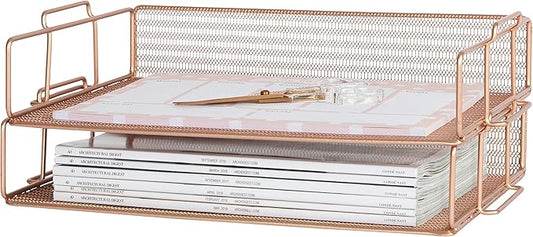 BLU MONACO | Rose Gold Mesh Paper Tray Set of 2 | Stackable Letter Trays for Desk Organization | Durable Metal Document Holder & Workspace File Storage