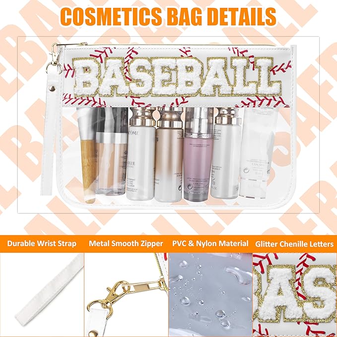 BuyCard 2 Pcs Baseball Gifts Cosmetic Makeup Bag with Chenille Letter Patch, Clear Pouch PVC Organizer Purse, Waterproof Travel Bag, Portable Toiletry Storage Bag for Her Girls Friends Women
