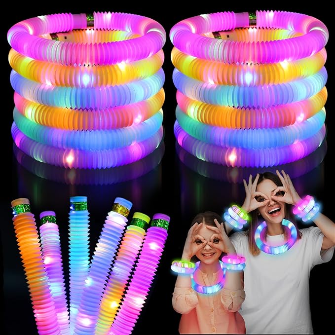 Light Up Pop Fidget Tubes Party Favors for Kids, 12 Pack Glow in The Dark Party Supplies Toddler Sensory Toys, Large Glow Sticks as Goodie Bag Stuffers and Birthday Party Pack Return Gifts for Kids
