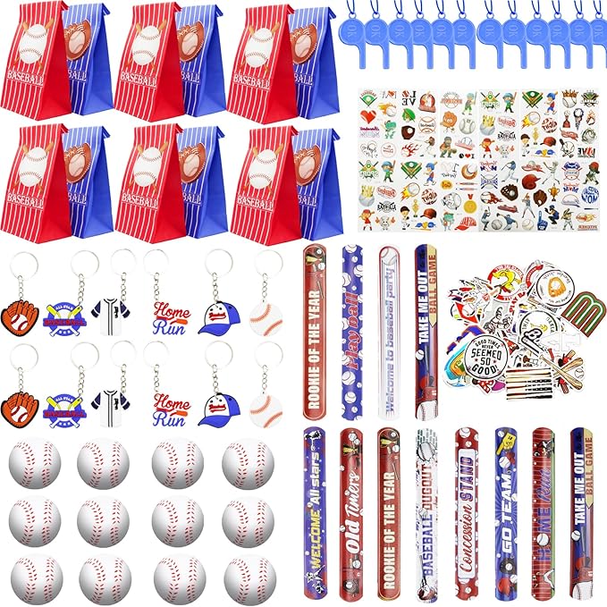 122 PCS Baseball Party Favors, Baseball Party Gifts with Mini Baseballs, Baseball Slap Bracelets, Key Chains, Whistles, Tattoos and Stickers, Baseball Birthday Decorations