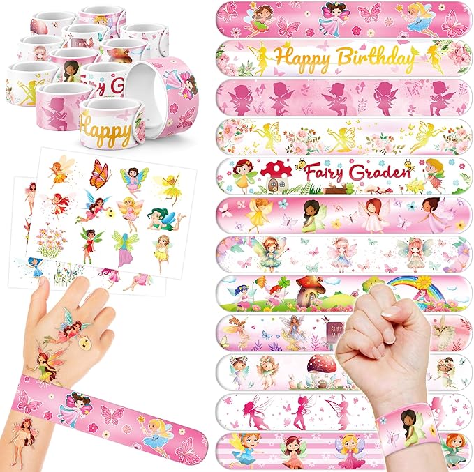 48PCS Fairy Party Favors - 24 Tattoos & 24 Slap Bracelets, Ideal for Fairy-Themed Birthdays, Baby Showers, and Classroom Rewards for Kids