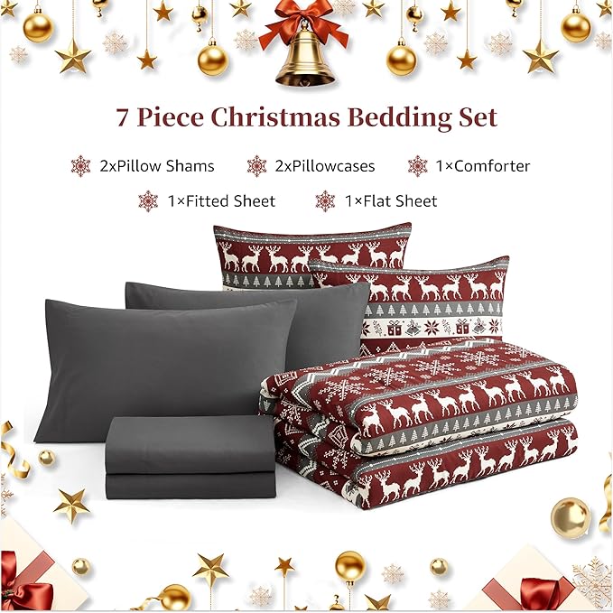 MaiRêve Christmas Full Comforter Sets, Red Reindeer Snowflake Bed Set for Holiday, Reversible Plaid Checkered Comforter Bed in a Bag, Soft Bedding Set 7 Pieces with Sheets, Pillowcases & Shams