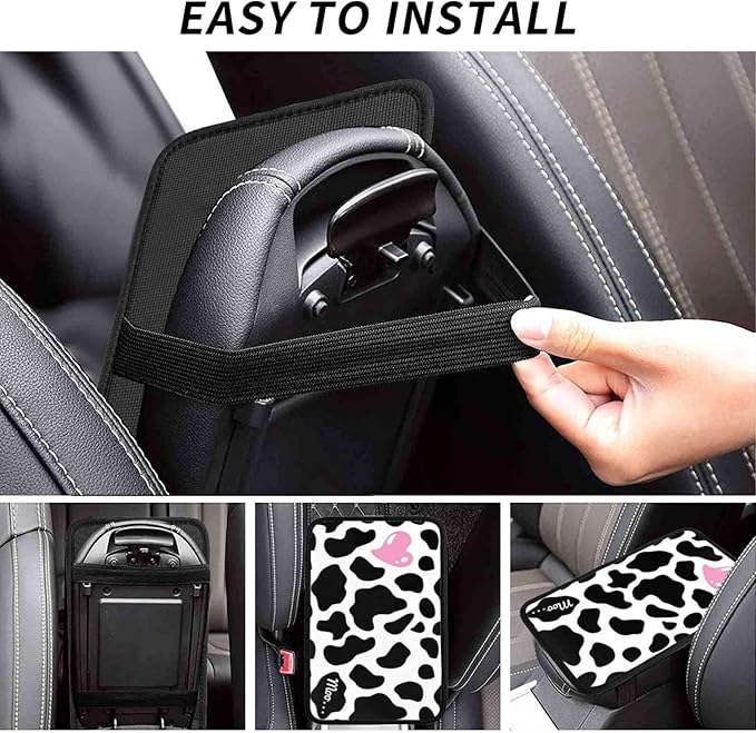 DORKEIXIA Black and White Cow Print Love Heart Cute Pink Auto Center Console Armrest Pad Universal Car Center Console Cover Seat Box Cover for Sedan, Van, SUV, Truck Car Accessorie