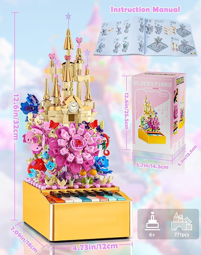 Flowers Castle Building Sets with Piano Keyboard for Kids and Adults, 771PCS Light Up Botanical Building Blocks Musical STEM Toys, Carnival Birthday Gifts for Girls and Boys Aged 6-12+