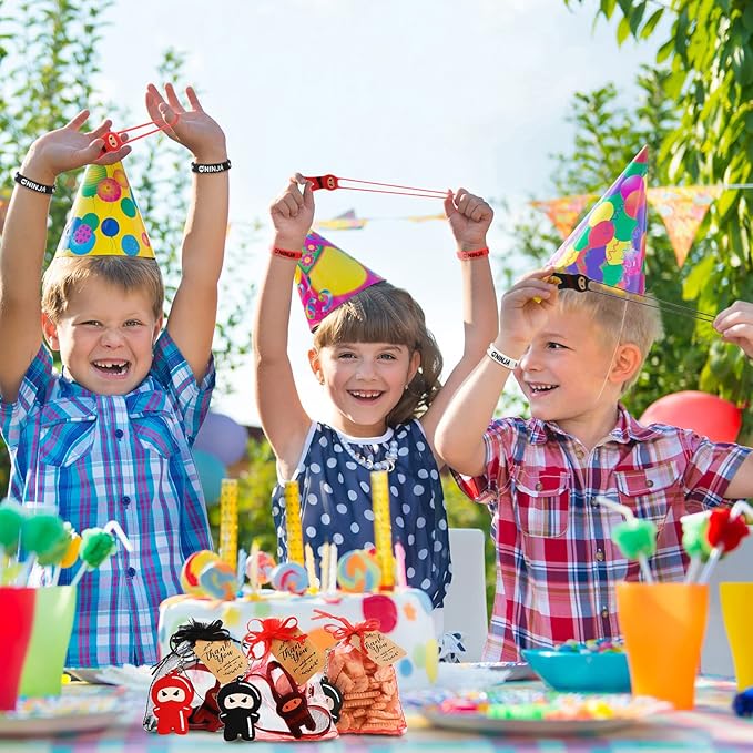 HyDren 109 Pcs Ninja Party Favors for 18 People Include Ninja Slingshot Sticky Stretch Ninja Toys Rubber Keychains Silicone Wristband Ninja Stickers Organza Bag Thank Tags for Birthday Party