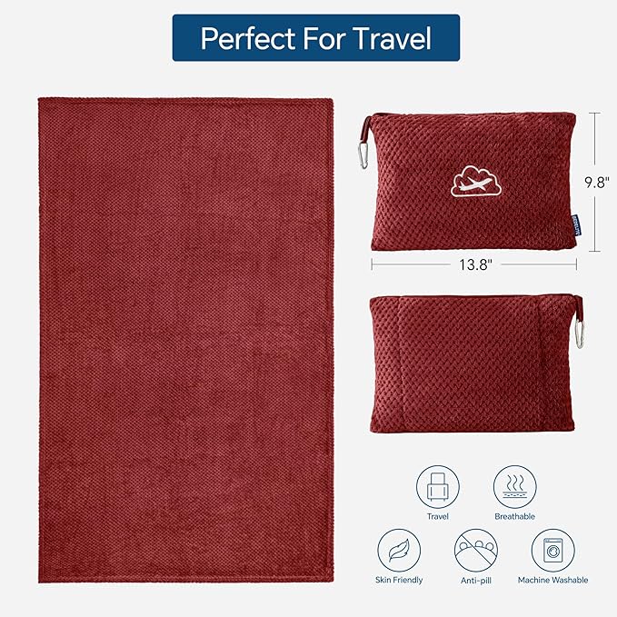 BEDELITE Travel Blanket with Bag, Ultra-Soft Jacquard Fleece Blanket with Luggage Sleeve & Backpack Clip, Airplane Blanket Travel Essentials, Burgundy