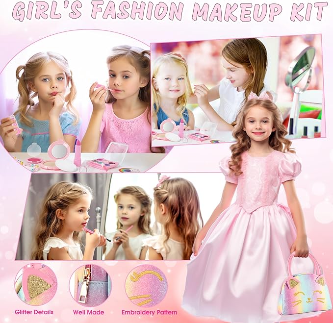 Kids Makeup Kit for Girl, Kids Washable Makeup Girls Toys, Girls Makeup Kit for Kids with Cute Cat Bag, Real Make up Set for Kid Little Girls Toddlers Princess Christmas Birthday Gifts Age 3-6-8-10-12