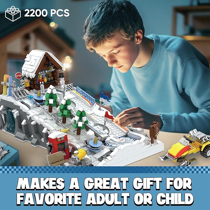 Ski Slope Building Block Sets for Adults, Ski Resort Building Toy with a Ski Shop and Snow Mobile, Architecture Building Block Models Construction, Ideal Gift for Adult Teen and Ski Fans (2200PCS)