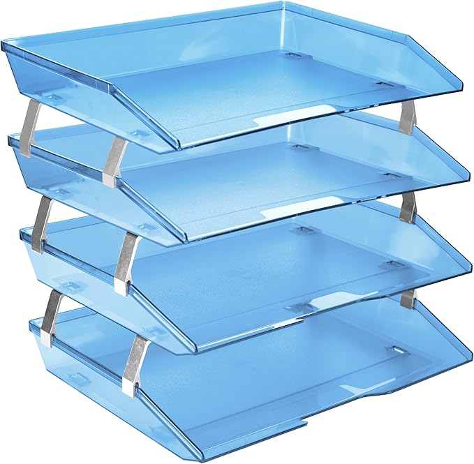 Acrimet Facility 4 Tier Letter Tray Side Load Plastic Desktop File Organizer (Clear Blue Color)