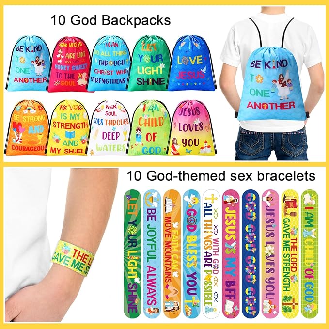 Frienda 10 Sets Christian Gift Bags Bulk Bible Verse Drawstring Bags with Jesus Slap Bracelets Religious Party Favors Gifts Jesus Loves You for Sunday School Classroom Prizes Party Supplies(Classic)